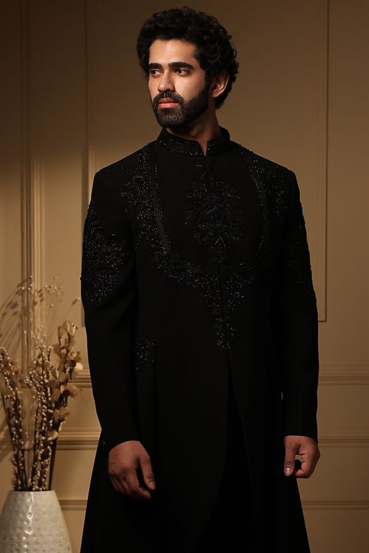 Black Korean Fabric Embroidered Wedding Indowestern Set by Attire by kunal & Sid j at Pernia's Pop Up Shop