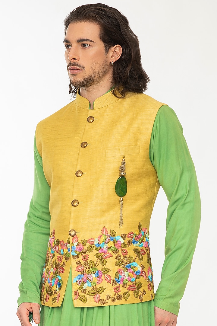 Yellow Cotton Silk Embroidered Nehru Jacket Set by Attire by kunal & Sid j at Pernia's Pop Up Shop