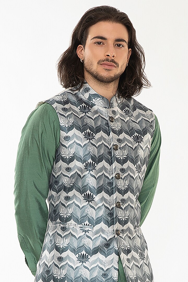 White Silk Cotton Printed Bundi Jacket Set by Attire by kunal & Sid j at Pernia's Pop Up Shop