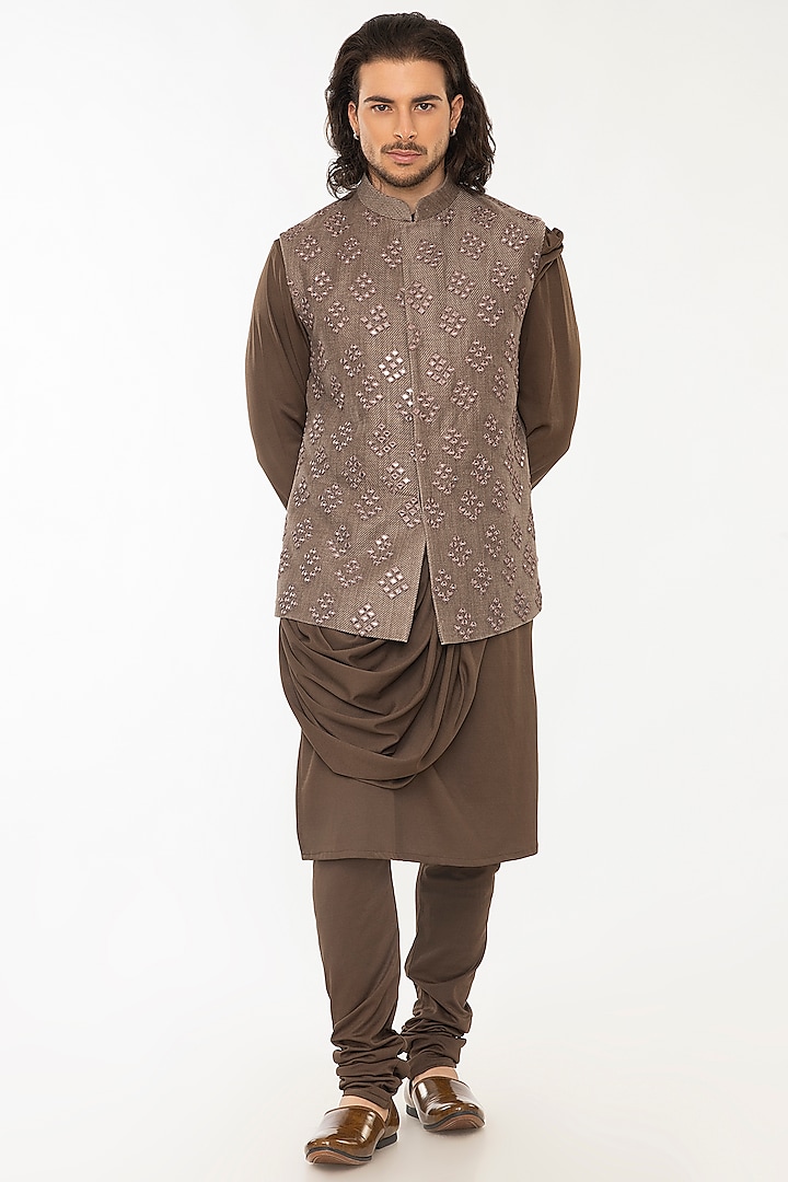 Brown Linen Bundi Jacket With Kurta Set by Attire by kunal & Sid j