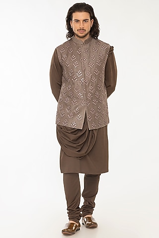 Brown Linen Hand Mirror Work Bundi Jacket Set by Attire by kunal & Sid j