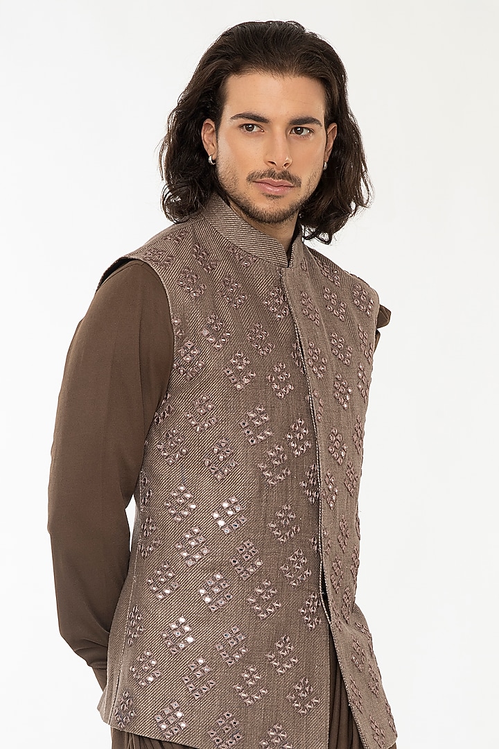 Brown Linen Hand Mirror Work Bundi Jacket Set by Attire by kunal & Sid j at Pernia's Pop Up Shop