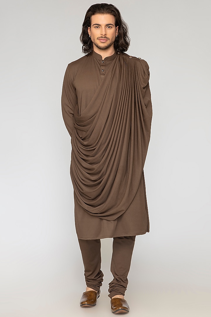 Brown Linen Hand Mirror Work Bundi Jacket Set by Attire by kunal & Sid j at Pernia's Pop Up Shop