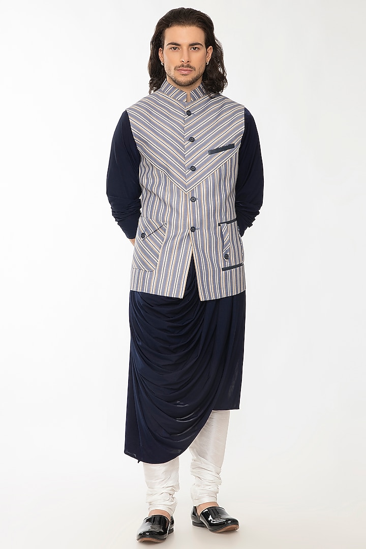 White Stripe Cotton Bundi Jacket Set by Attire by kunal & Sid j at Pernia's Pop Up Shop