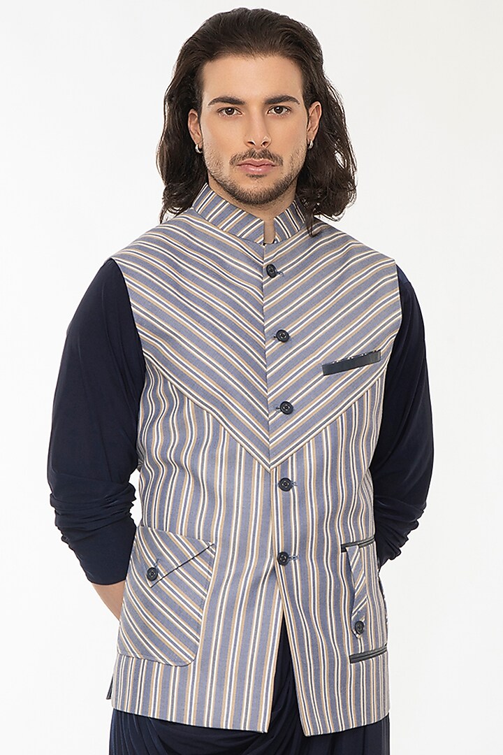 White Stripe Cotton Bundi Jacket Set by Attire by kunal & Sid j at Pernia's Pop Up Shop