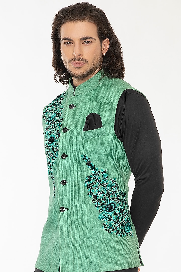 Green Khadi Silk Cotton Bundi Jacket Set by Attire by kunal & Sid j at Pernia's Pop Up Shop