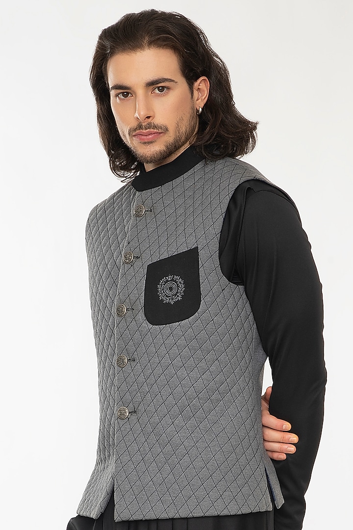 Grey Lycra Knit Bundi Jacket With Kurta Set by Attire by kunal & Sid j at Pernia's Pop Up Shop