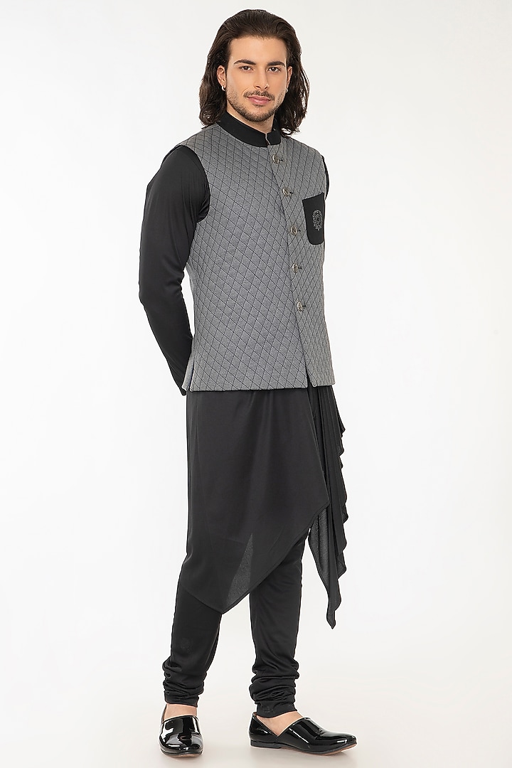 Grey Lycra Knit Bundi Jacket With Kurta Set by Attire by kunal & Sid j at Pernia's Pop Up Shop