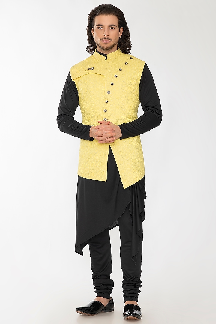 Yellow Chikankari Cotton Printed Bundi Jacket Set by Attire by kunal & Sid j