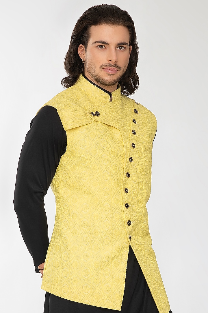 Yellow Chikankari Cotton Printed Bundi Jacket Set by Attire by kunal & Sid j at Pernia's Pop Up Shop