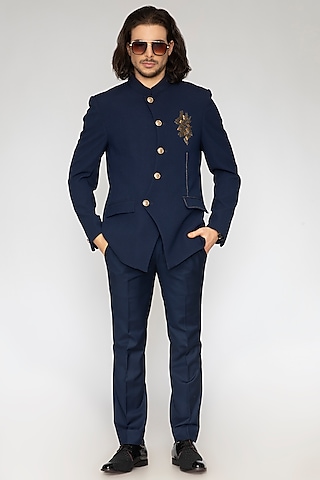 Blue Terry Wool Bandhgala Set by Attire by kunal & Sid j