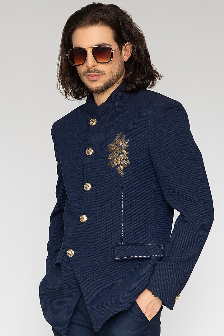 Blue Terry Wool Wedding Bandhgala Set by Attire by kunal & Sid j at Pernia's Pop Up Shop