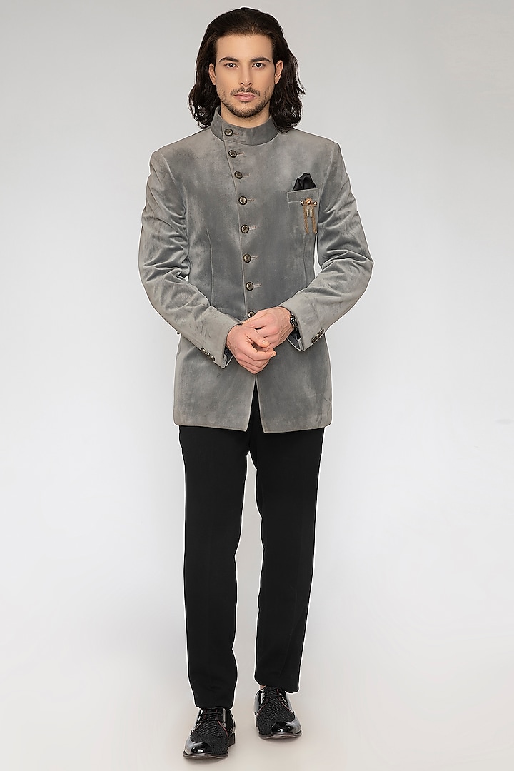 Grey Suede Velvet Bandhgala Set by Attire by kunal & Sid j at Pernia's Pop Up Shop