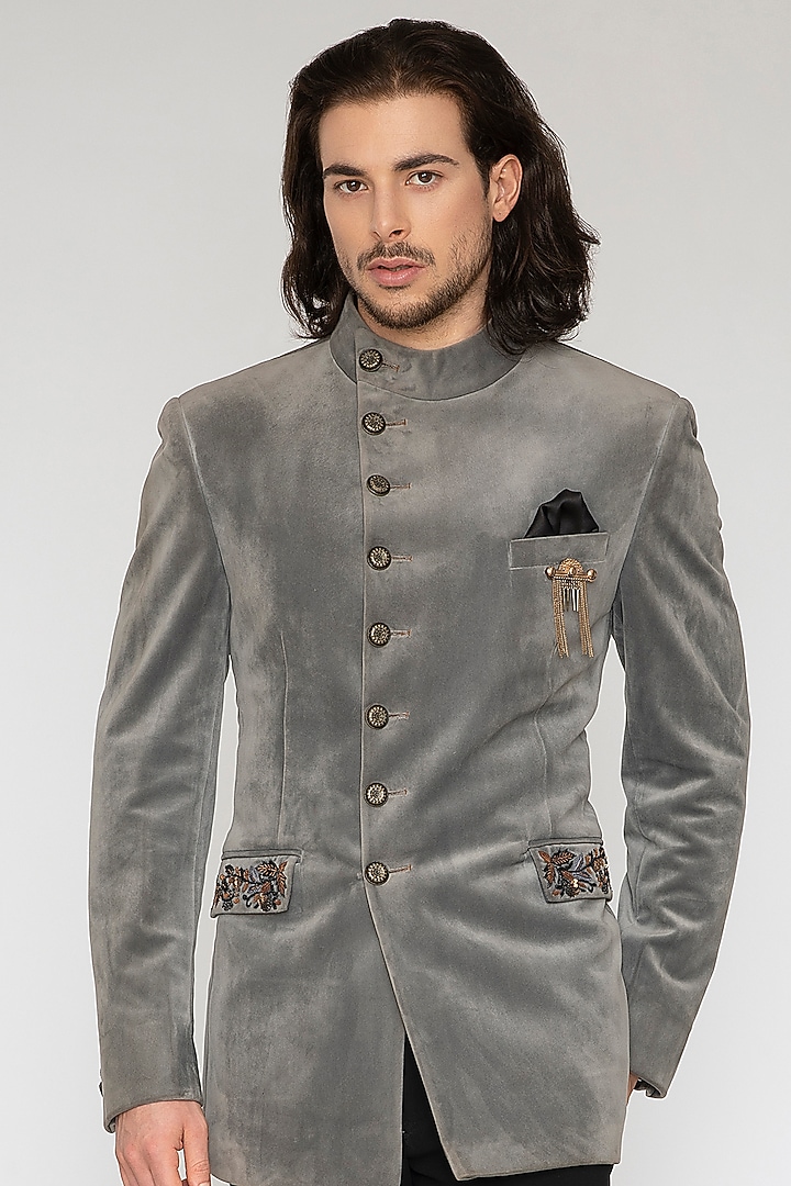 Grey Suede Velvet Wedding Bandhgala Set by Attire by kunal & Sid j at Pernia's Pop Up Shop