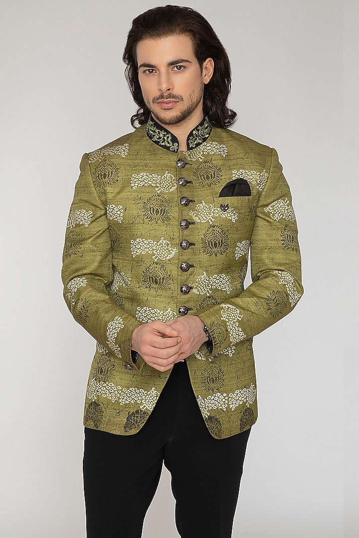 Olive Green Printed Wedding Bandhgala Set by Attire by kunal & Sid j at Pernia's Pop Up Shop