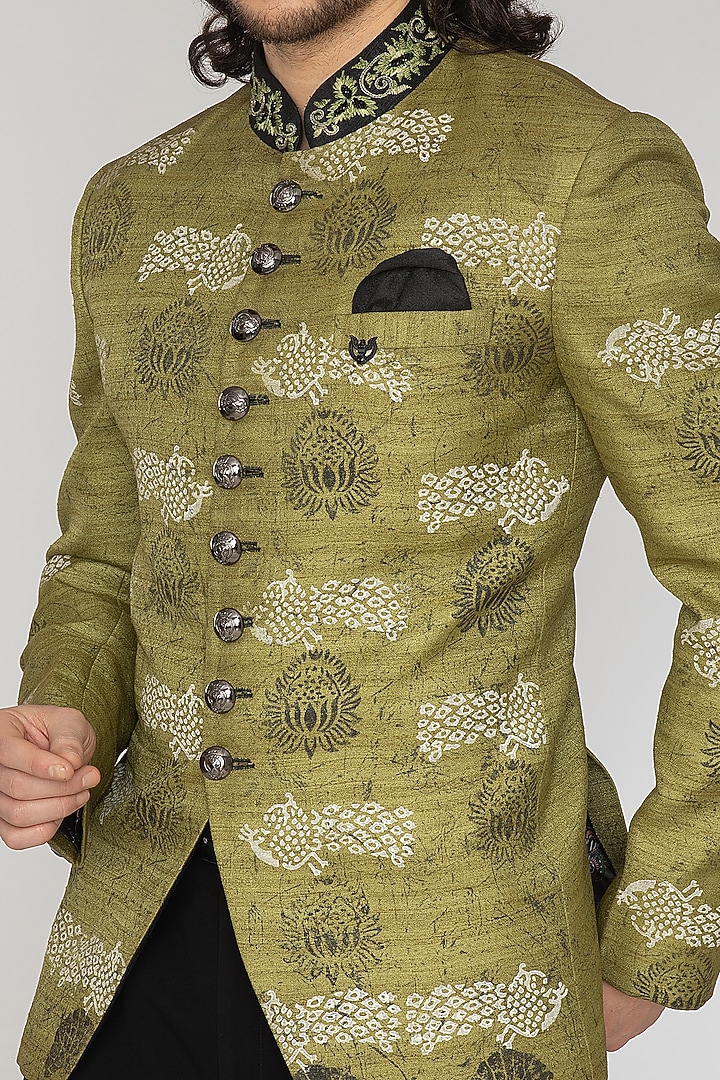 Olive Green Printed Wedding Bandhgala Set by Attire by kunal & Sid j at Pernia's Pop Up Shop