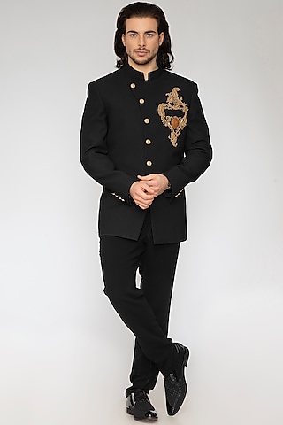 Black Terry Wool Bandhgala Set by Attire by kunal & Sid j