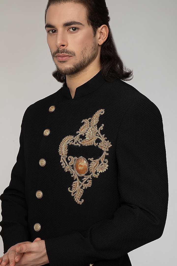 Black Terry Wool Wedding Bandhgala Set by Attire by kunal & Sid j at Pernia's Pop Up Shop