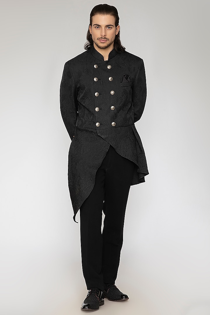 Black Jacquard Indo-Western Set by Attire by kunal & Sid j at Pernia's Pop Up Shop