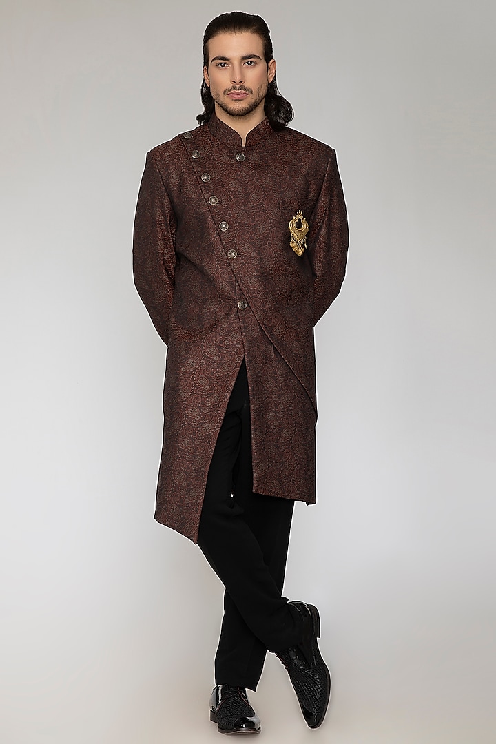 Brown Jacquard Indo-Western Set by Attire by kunal & Sid j at Pernia's Pop Up Shop