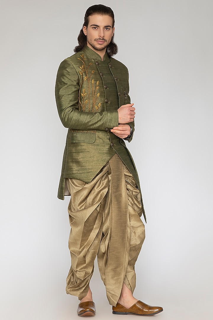 Olive Green Raw Silk Indo-Western Set by Attire by kunal & Sid j at Pernia's Pop Up Shop