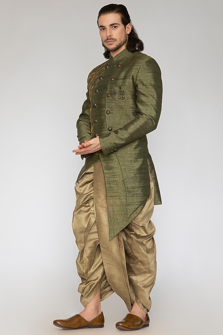 Olive Green Raw Silk Indo-Western Set by Attire by kunal & Sid j at Pernia's Pop Up Shop