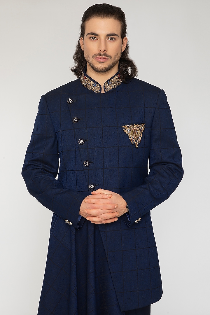 Cobalt Blue Embroidered Indo-Western Set by Attire by kunal & Sid j at Pernia's Pop Up Shop