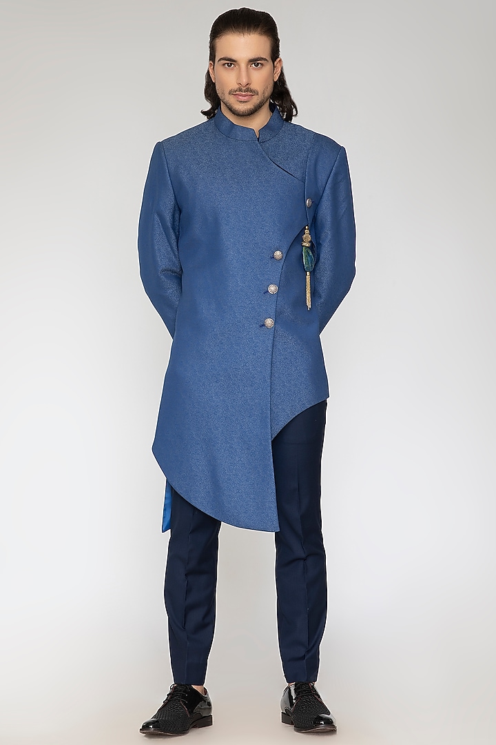 Light Blue Jacquard Indo-Western Set by Attire by kunal & Sid j at Pernia's Pop Up Shop