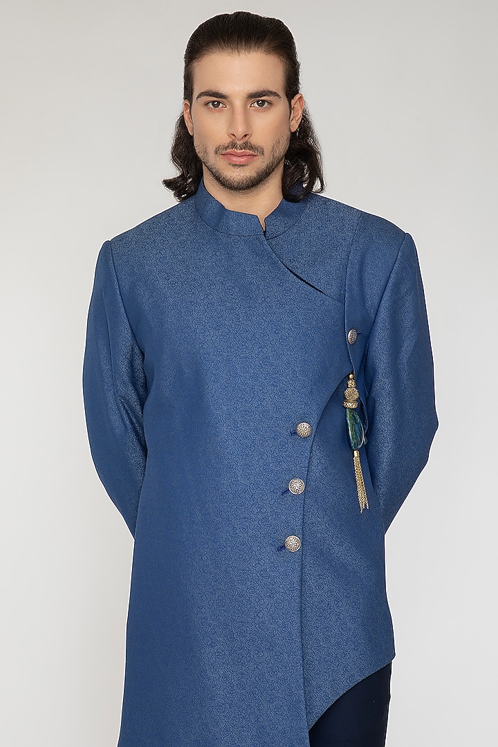 Light Blue Jacquard Indo-Western Set by Attire by kunal & Sid j at Pernia's Pop Up Shop
