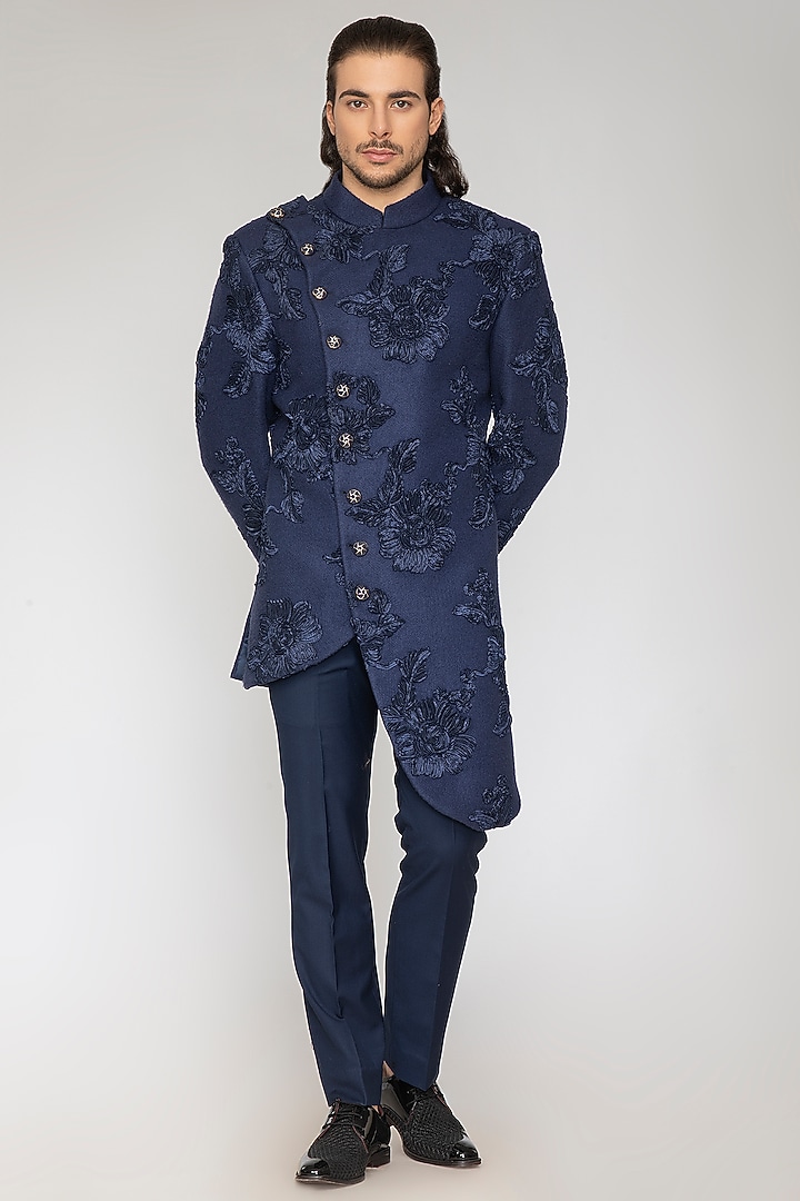 Navy Blue Jacquard Indo-Western Set by Attire by kunal & Sid j at Pernia's Pop Up Shop