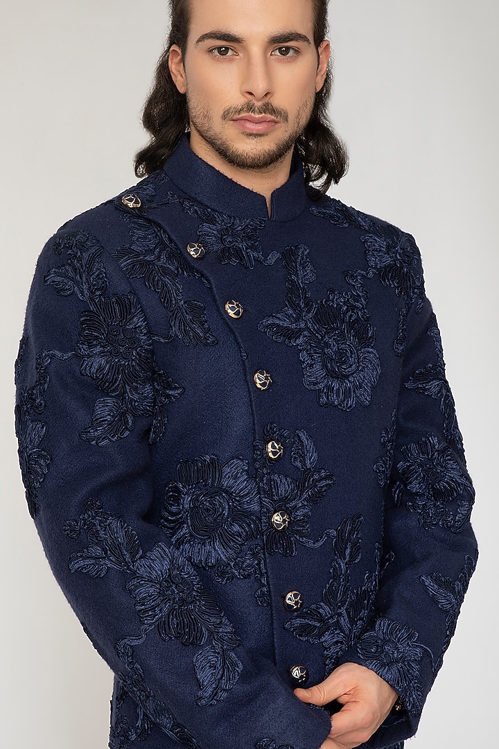 Navy Blue Jacquard Indo-Western Set by Attire by kunal & Sid j at Pernia's Pop Up Shop