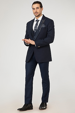 Dark Blue Embroidered Tuxedo Set by Attire by kunal & Sid j