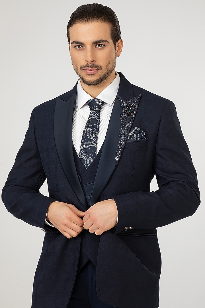 Dark Blue Embroidered Tuxedo Set by Attire by kunal & Sid j at Pernia's Pop Up Shop