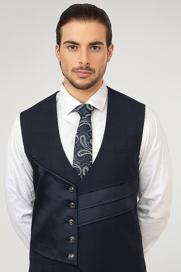 Dark Blue Embroidered Tuxedo Set by Attire by kunal & Sid j at Pernia's Pop Up Shop