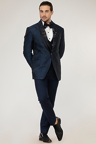 Dark Blue Poly Viscose Tuxedo Set by Attire by kunal & Sid j