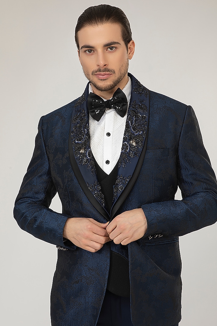 Dark Blue Poly Viscose Tuxedo Set by Attire by kunal & Sid j at Pernia's Pop Up Shop