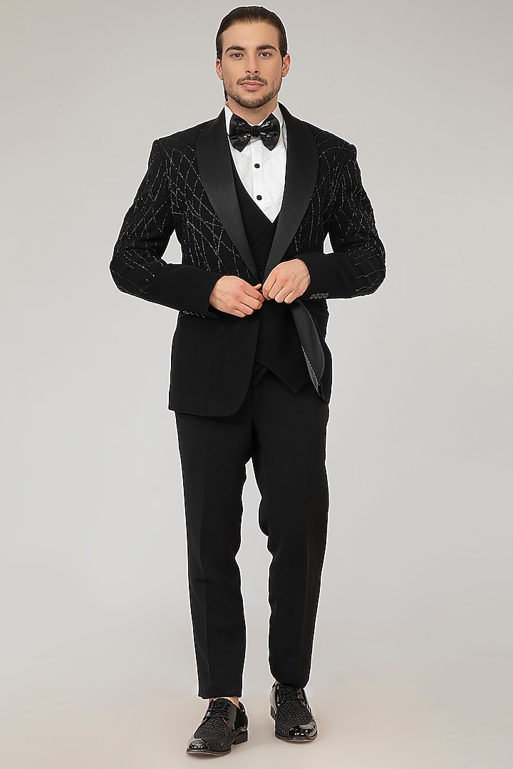 Black Embroidered Tuxedo Set by Attire by kunal & Sid j