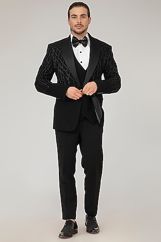 Black Embroidered Tuxedo Set by Attire by kunal & Sid j