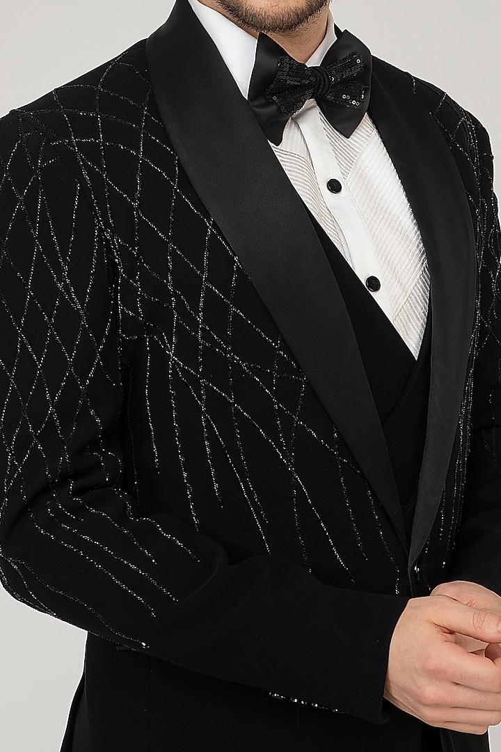 Black Embroidered Tuxedo Set by Attire by kunal & Sid j at Pernia's Pop Up Shop