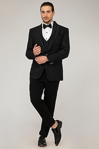 Black Japanese Silk Tuxedo Set by Attire by kunal & Sid j