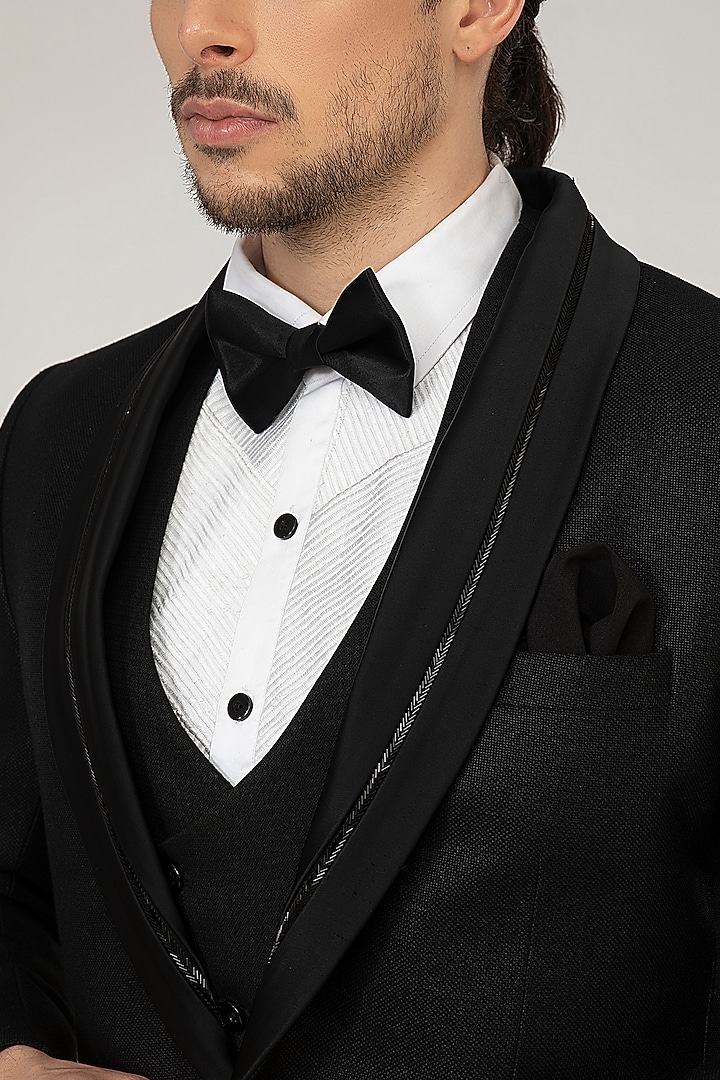 Black Japanese Silk Tuxedo Set by Attire by kunal & Sid j at Pernia's Pop Up Shop