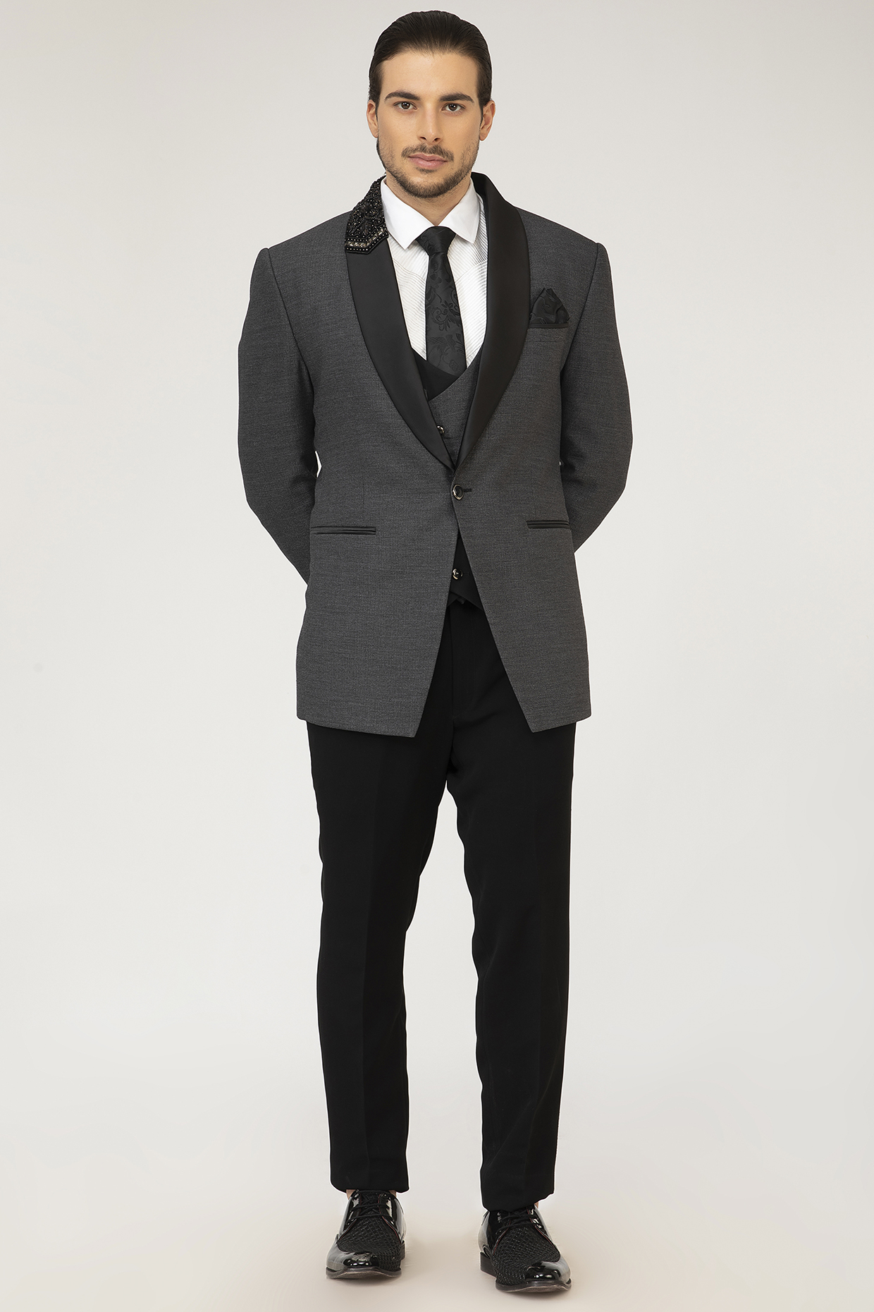 Grey Embroidered Tuxedo Set by Attire by kunal & Sid j at Grey Embroidered Tuxedo Set by Attire by kunal & Sid j at