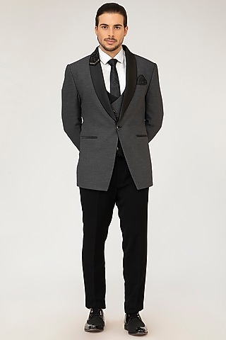 Grey Embroidered Tuxedo Set by Attire by kunal & Sid j