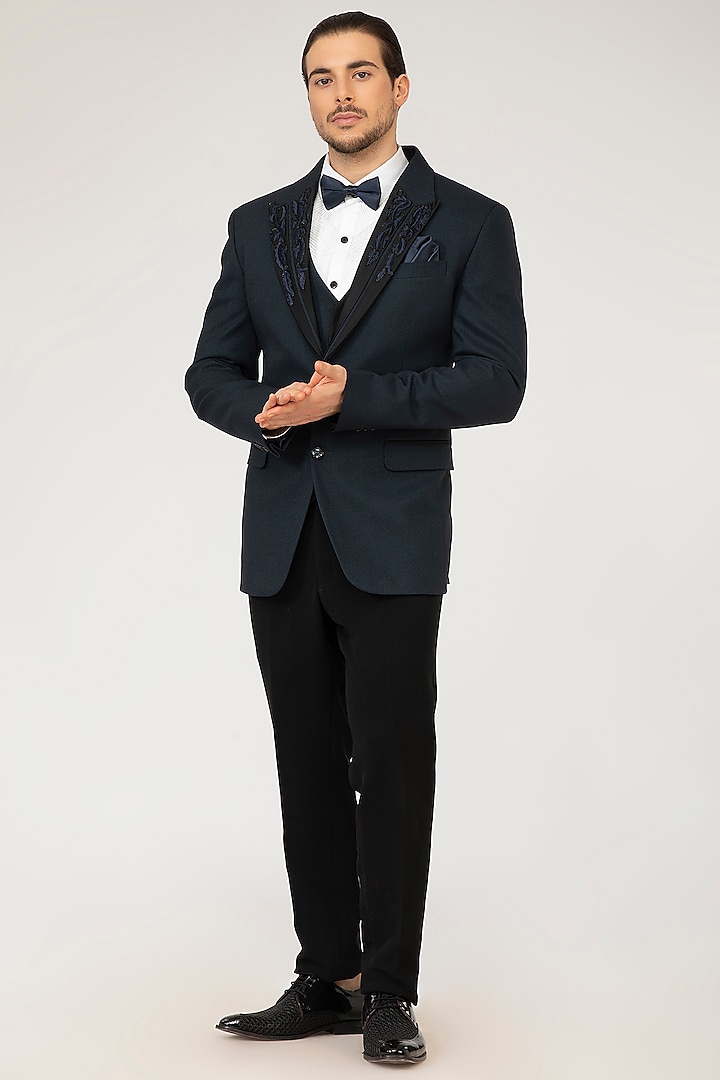 Navy Blue Embroidered Tuxedo Set by Attire by kunal & Sid j