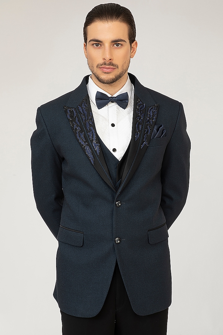 Navy Blue Embroidered Tuxedo Set by Attire by kunal & Sid j at Pernia's Pop Up Shop