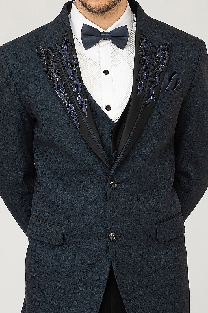 Navy Blue Embroidered Tuxedo Set by Attire by kunal & Sid j at Pernia's Pop Up Shop