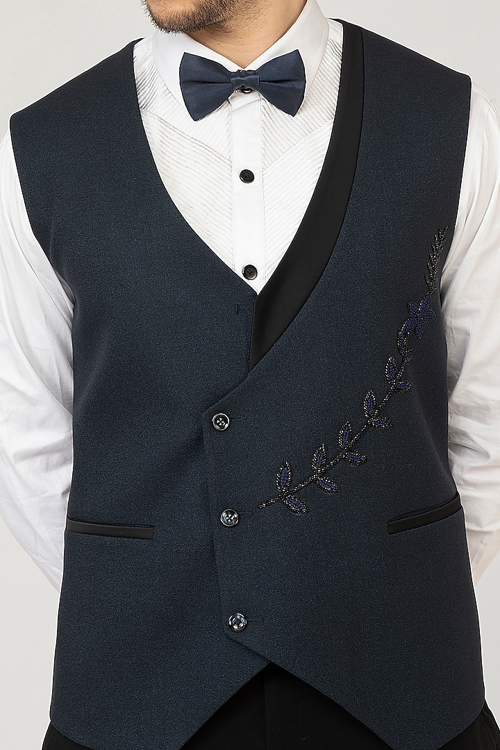 Navy Blue Embroidered Tuxedo Set by Attire by kunal & Sid j at Pernia's Pop Up Shop