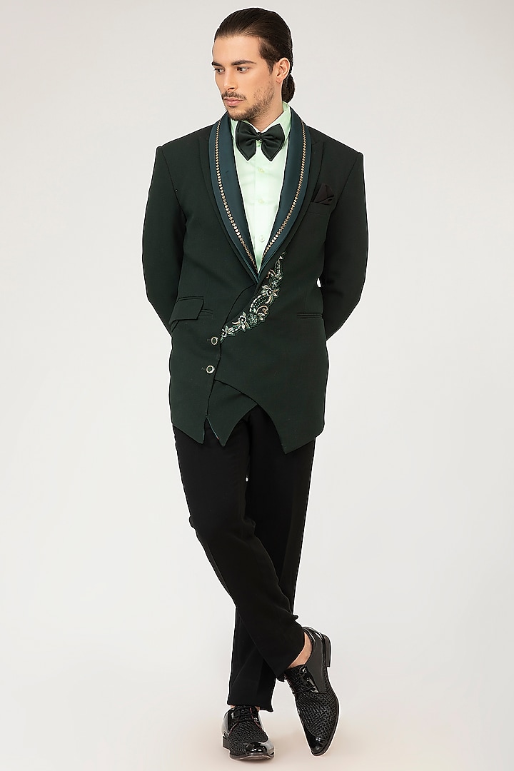 Green Embroidered Tuxedo Set by Attire by kunal & Sid j
