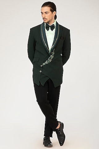 Green Embroidered Tuxedo Set by Attire by kunal & Sid j