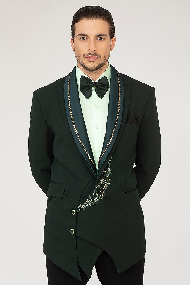Green Embroidered Tuxedo Set by Attire by kunal & Sid j at Pernia's Pop Up Shop